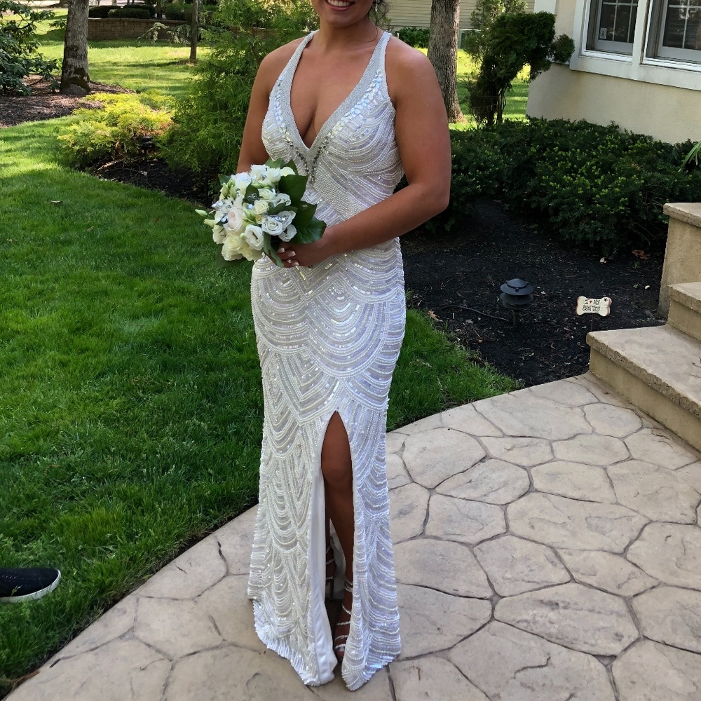 white beaded tight prom dress